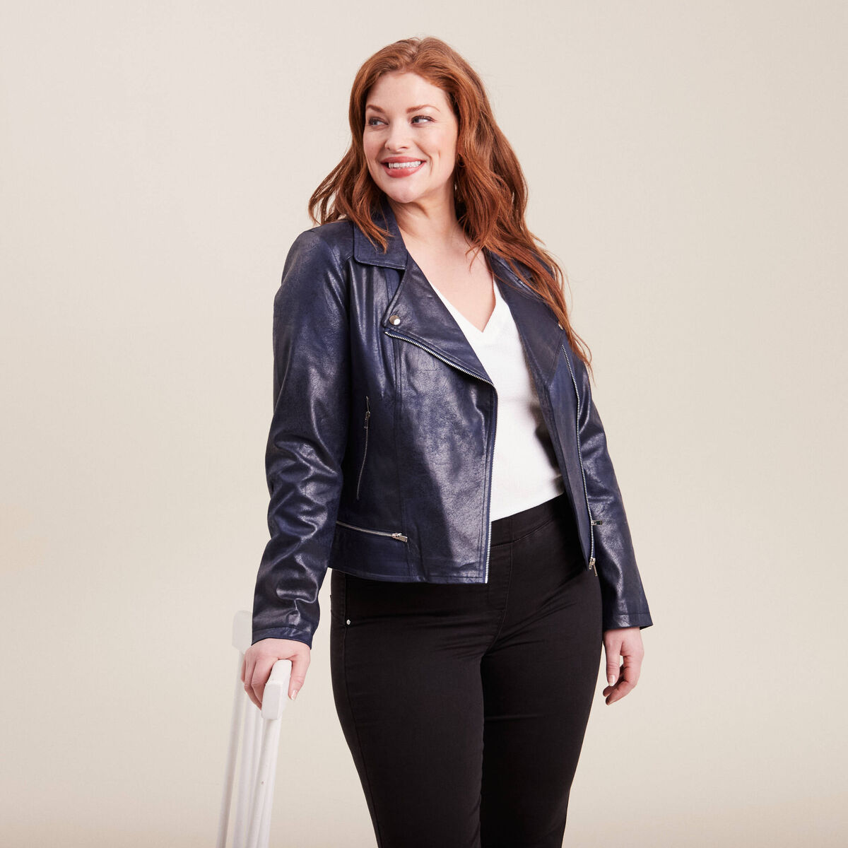 Veste esprit motard zippée bleu foncé femme