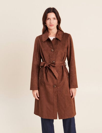 Trench cintr&eacute; long aspect daim marron femme