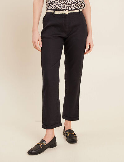 Pantalon coupe chino en lin ceintur&eacute; noir femme
