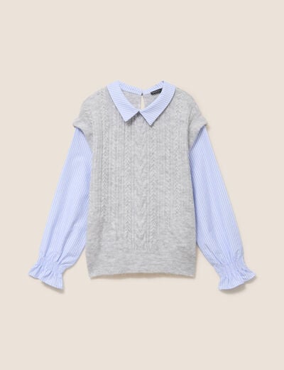 Pull bi-mati&egrave;re col chemise gris clair femme