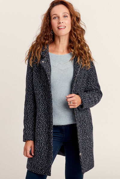Manteau droit à capuche bleu marine femme