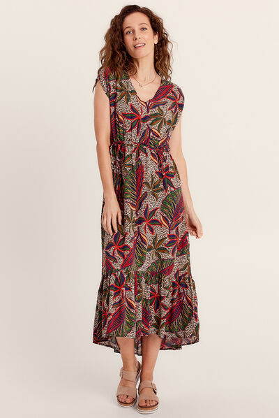 Robe longue évasée col en V multicolore femme