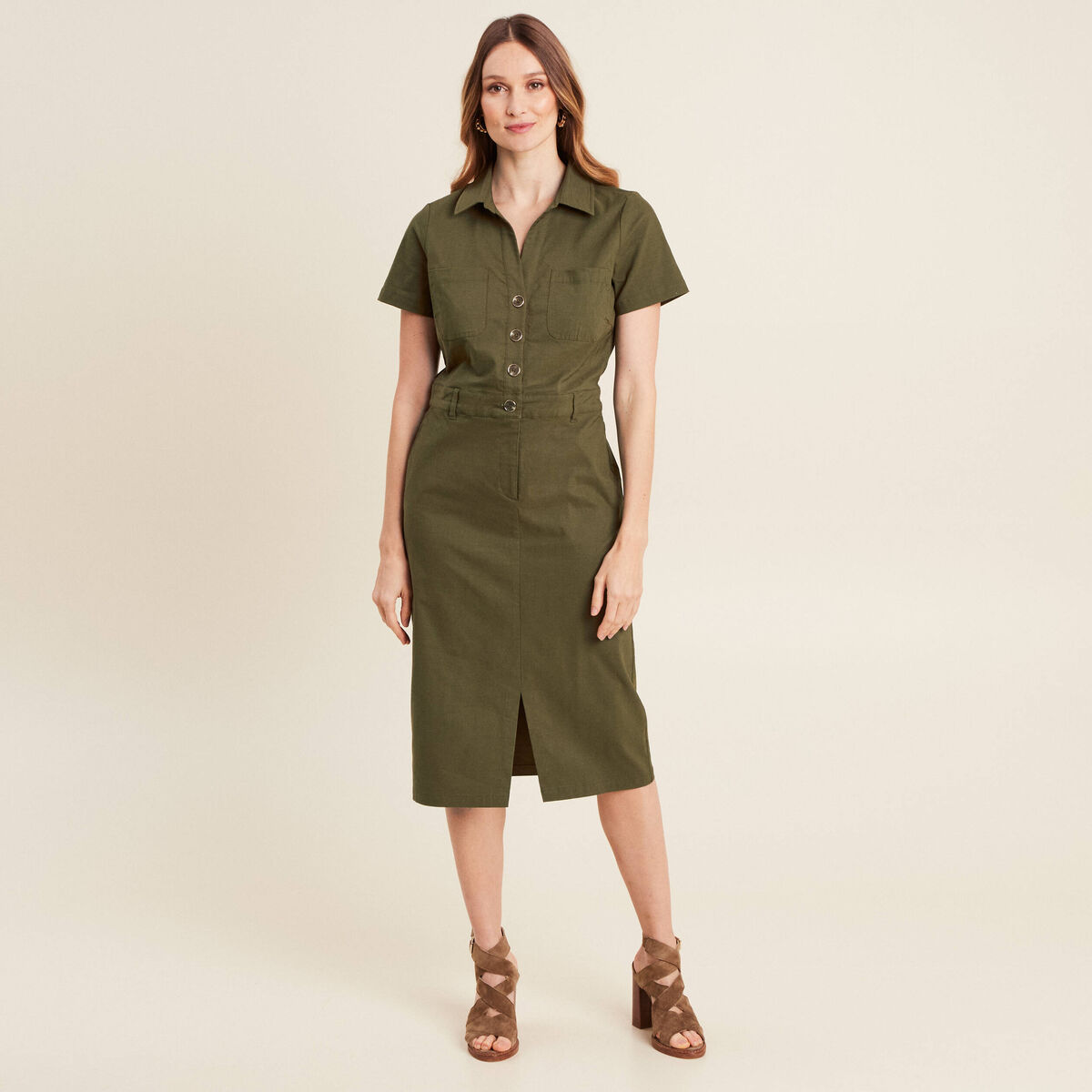 Robe ajustée manches courtes vert olive femme