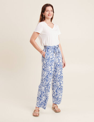 Pantalon ample taille haute bleu femme