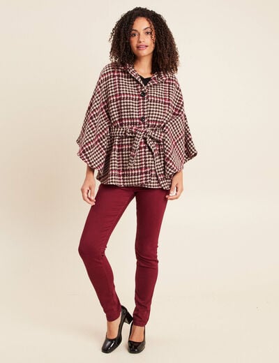 Poncho ceintur&eacute; boutonn&eacute; bordeaux femme