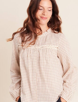 Chemise vichy manches longues col rond marron femme