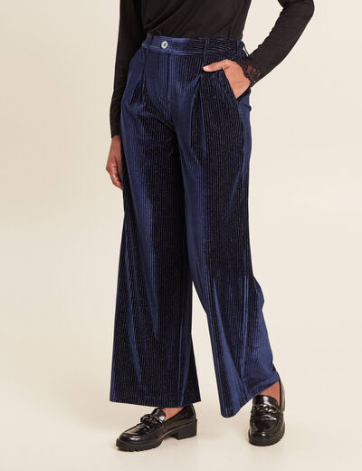 Pantalon large velours bleu foncé femme