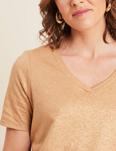 T-shirt col V manches courtes beige femme