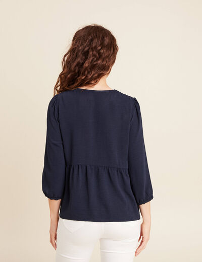 Blouse ample col tunisien manches 3/4 bleu marine femme