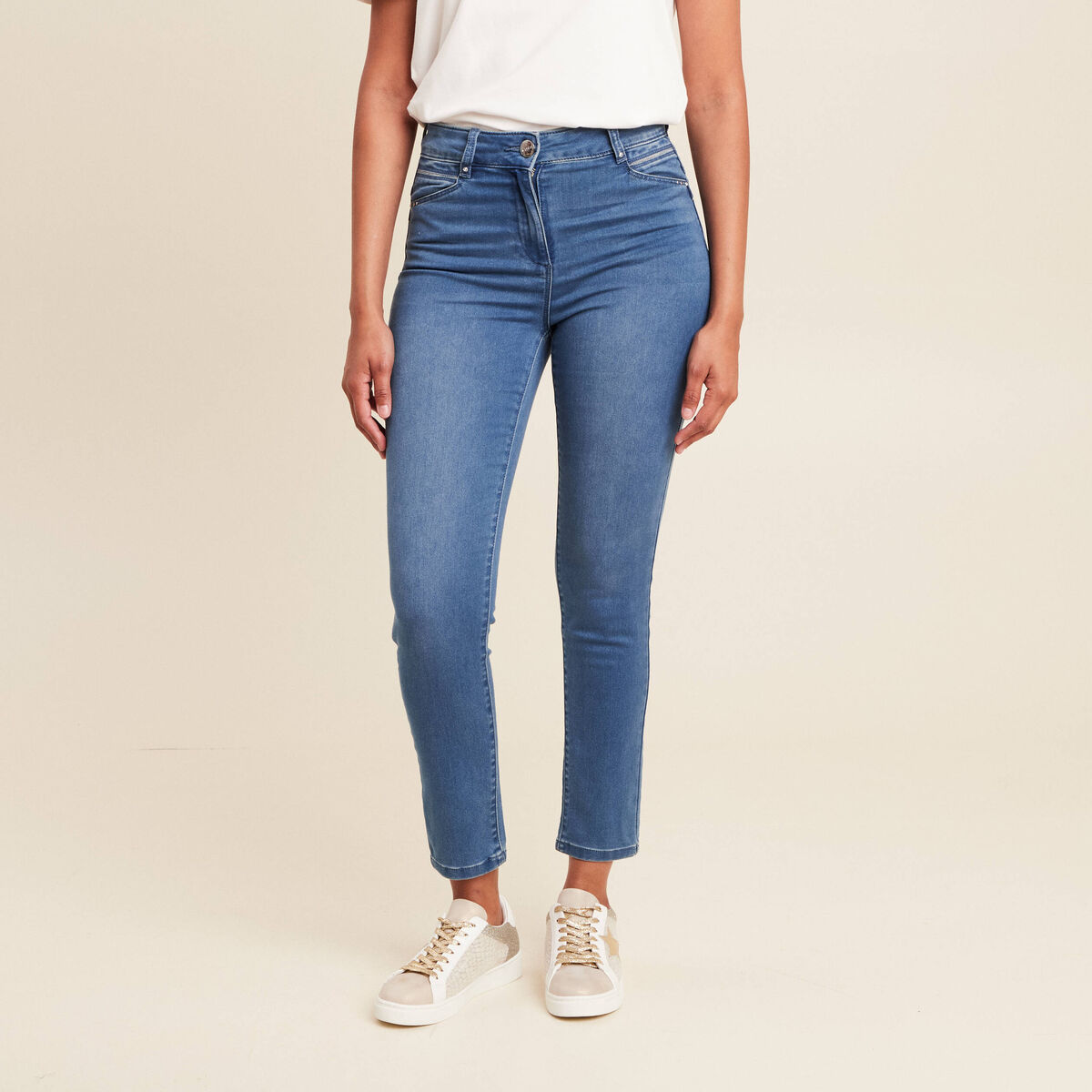 Jean coupe ajust&eacute;e 7/8&egrave;me taille haute denim double stone femme