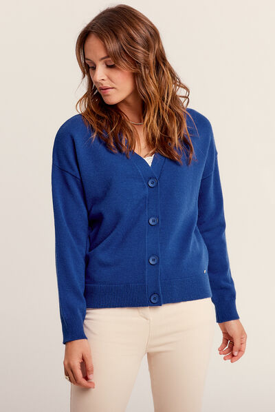 Gilet manches longues col en V bleu foncé femme