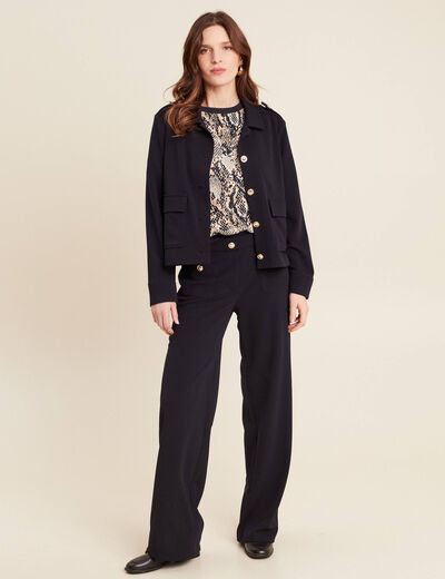 Pantalon coupe droite taille haute bleu fonc&eacute; femme