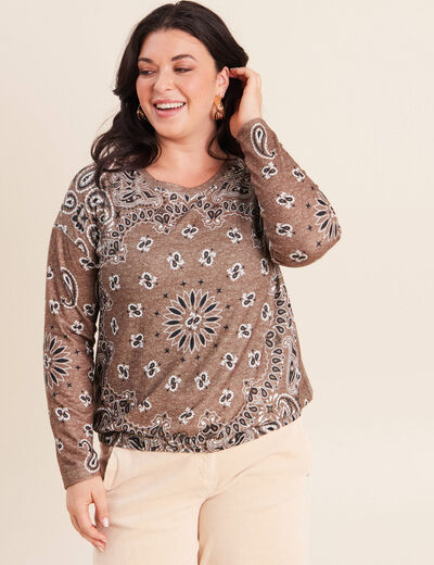Pull col rond manches longues strass marron femme