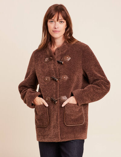 Manteau droit court en bouclette marron fonc&eacute; femme