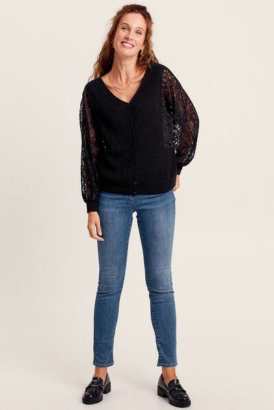 Gilet manches longues dentelle noir femme