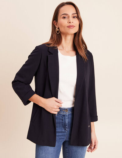 Veste longue droite col tailleur bleu fonc&eacute; femme