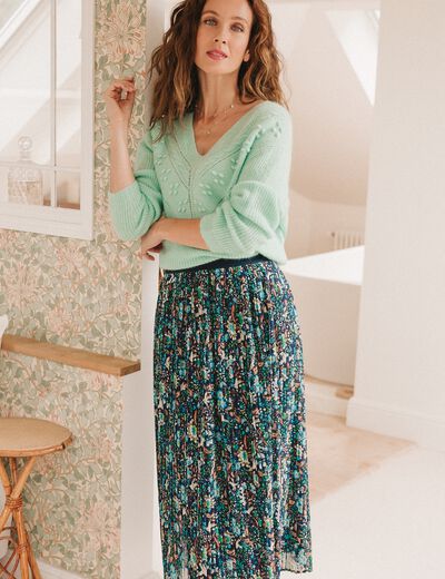 Jupe longue droite plissée bleu marine femme