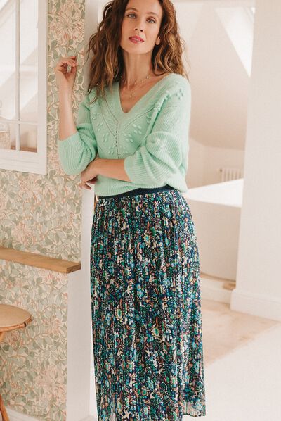 Jupe longue droite plissée bleu marine femme