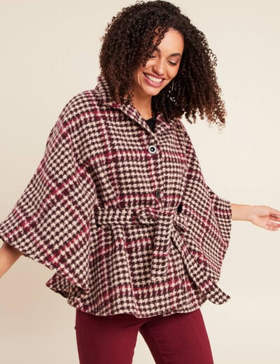 Poncho ceintur&eacute; boutonn&eacute; bordeaux femme