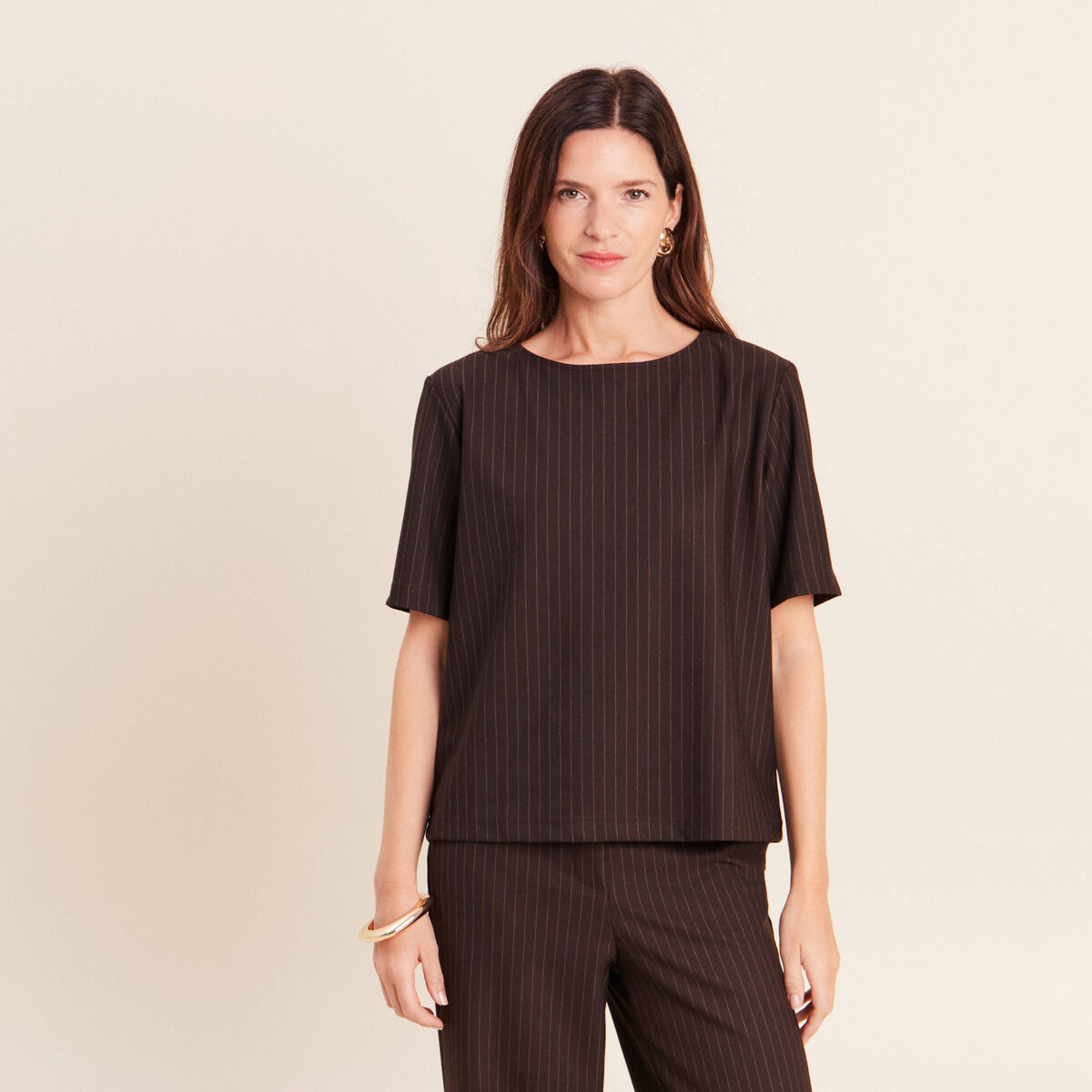 T-shirt droit col rond manches courtes marron femme