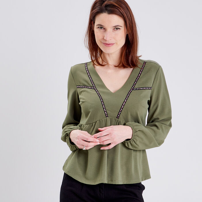 T-shirt manches longues vert kaki femme