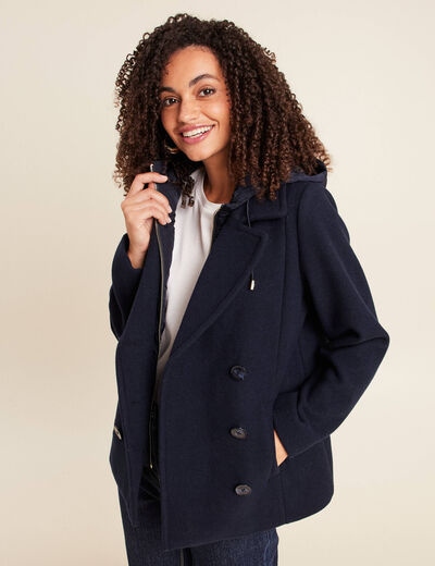 Caban doubl&eacute; avec capuche bleu marine femme