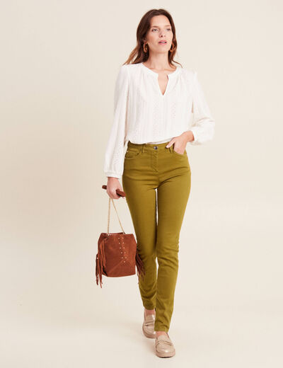 Jean magique ajusté taille standard vert olive femme