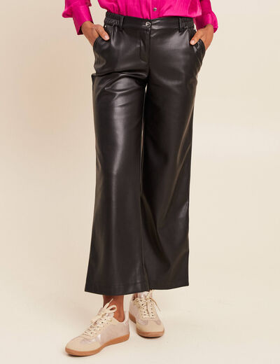 Pantalon taille bascul&eacute;e similicuir noir femme