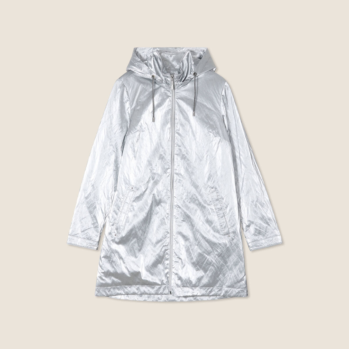 Parka métallisée à capuche gris argent femme