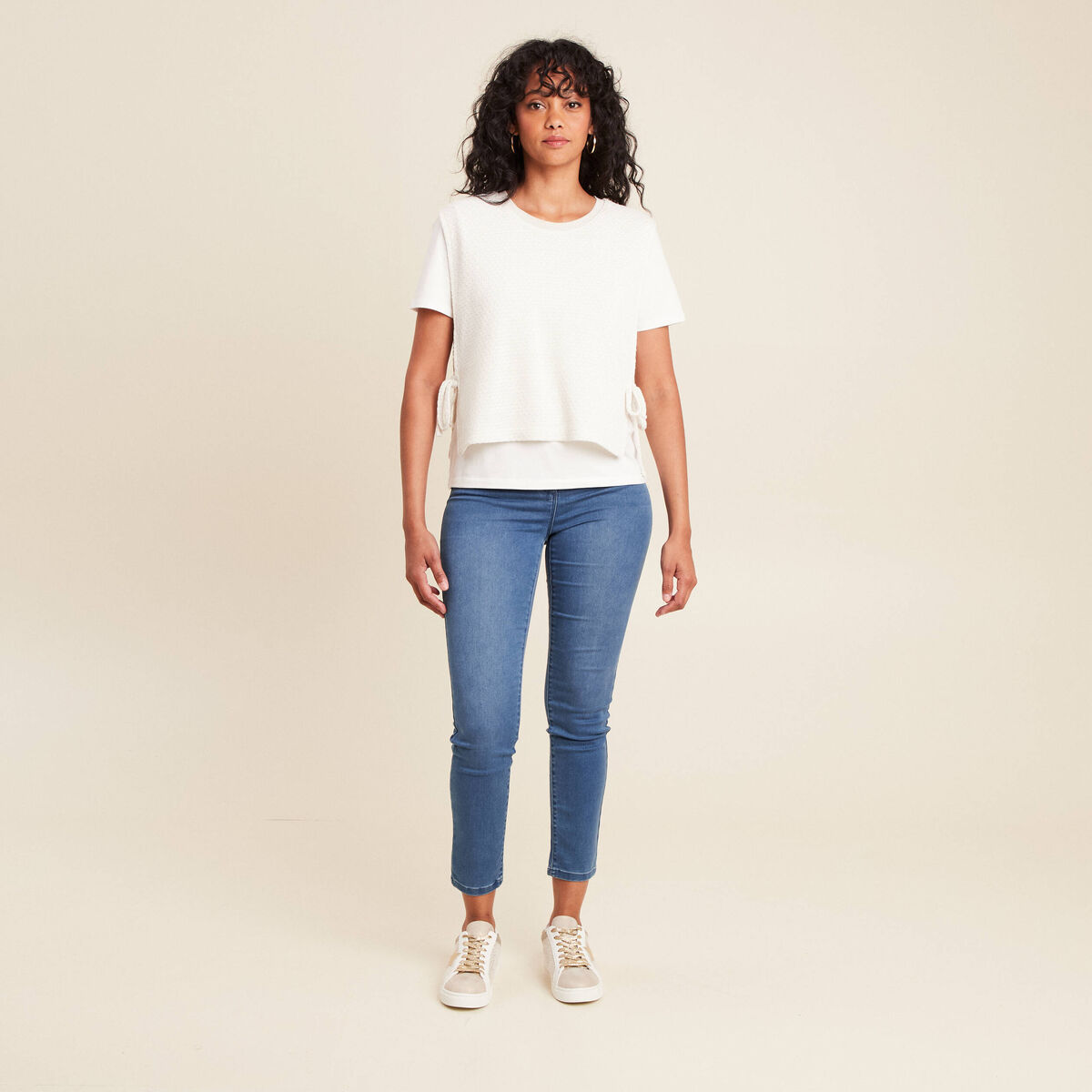 Jean coupe ajust&eacute;e 7/8&egrave;me taille haute denim double stone femme