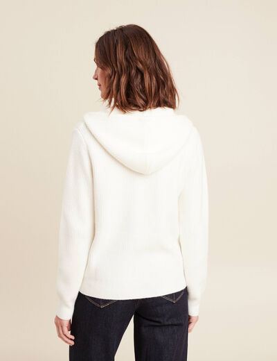 Gilet mi-long à capuche bas resserré ecru femme