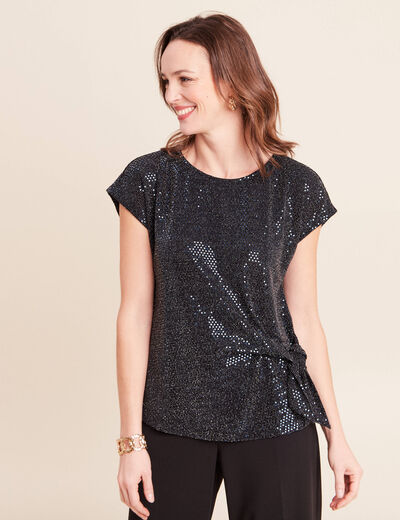 T-shirt cintr&eacute; &agrave; sequins col rond bleu marine femme
