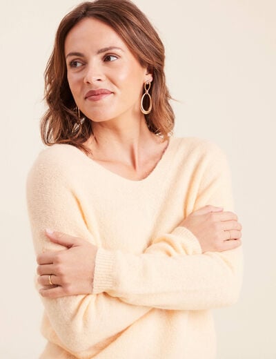 Pull col v orange abricot femme