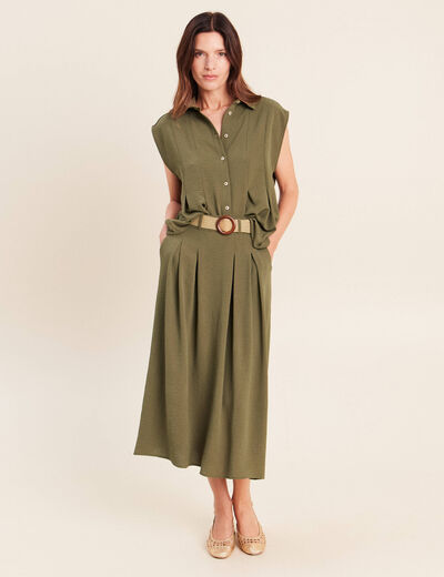 Jupe longue &eacute;vas&eacute;e ceintur&eacute;e vert kaki femme
