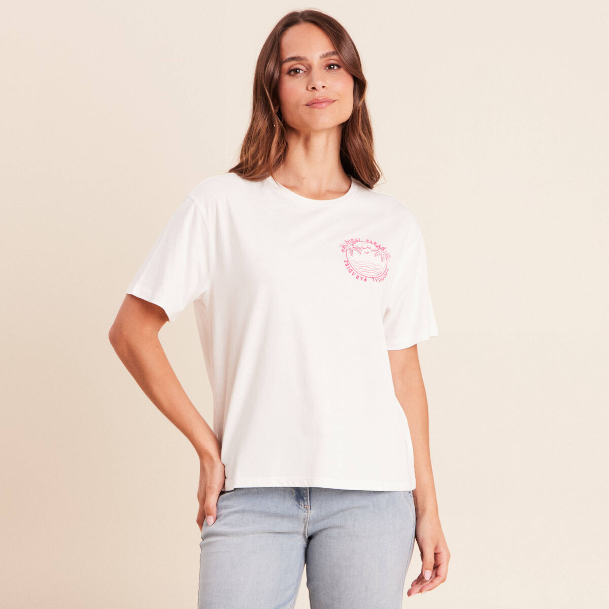 T-shirt broderie manches courtes ecru femme
