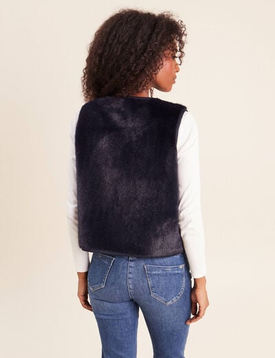 Gilet droit sans manches fausse fourrure bleu fonc&eacute; femme