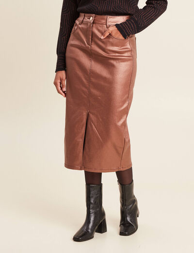 Jupe midi droite enduite couleur cuivre femme