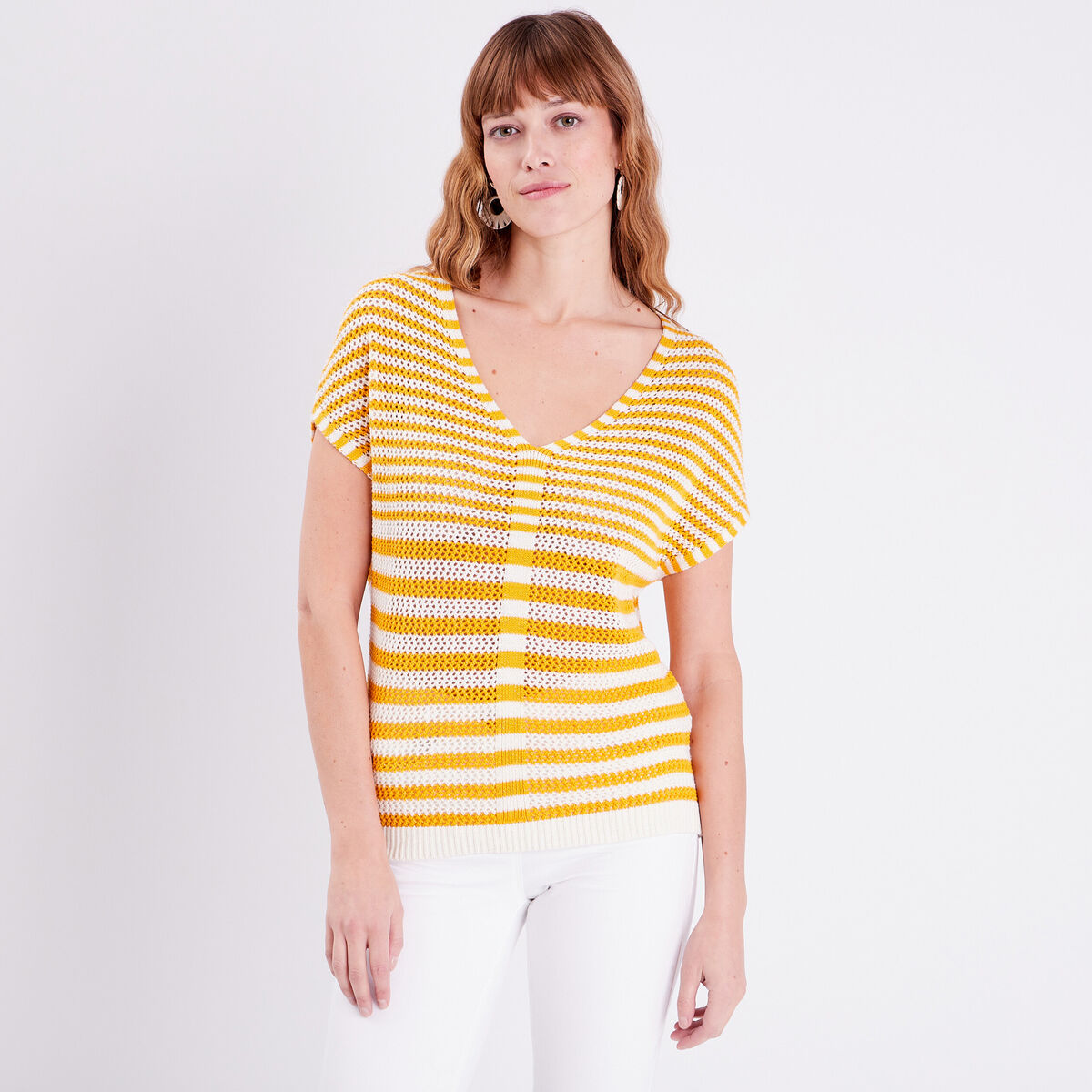 Pull manches courtes jaune moutarde femme