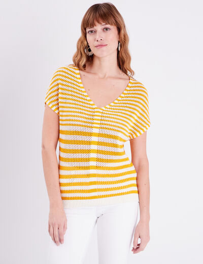 Pull manches courtes jaune moutarde femme