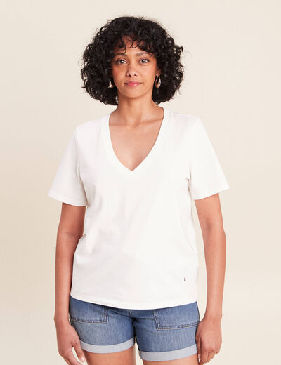 T-shirt col v manches courtes ecru femme