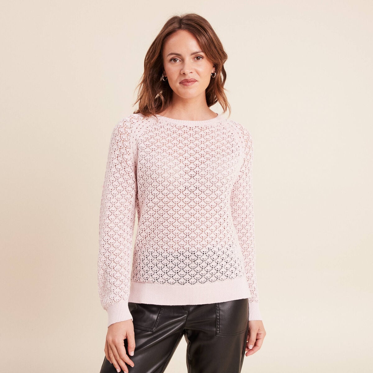Pull col rond manches longues rose clair femme