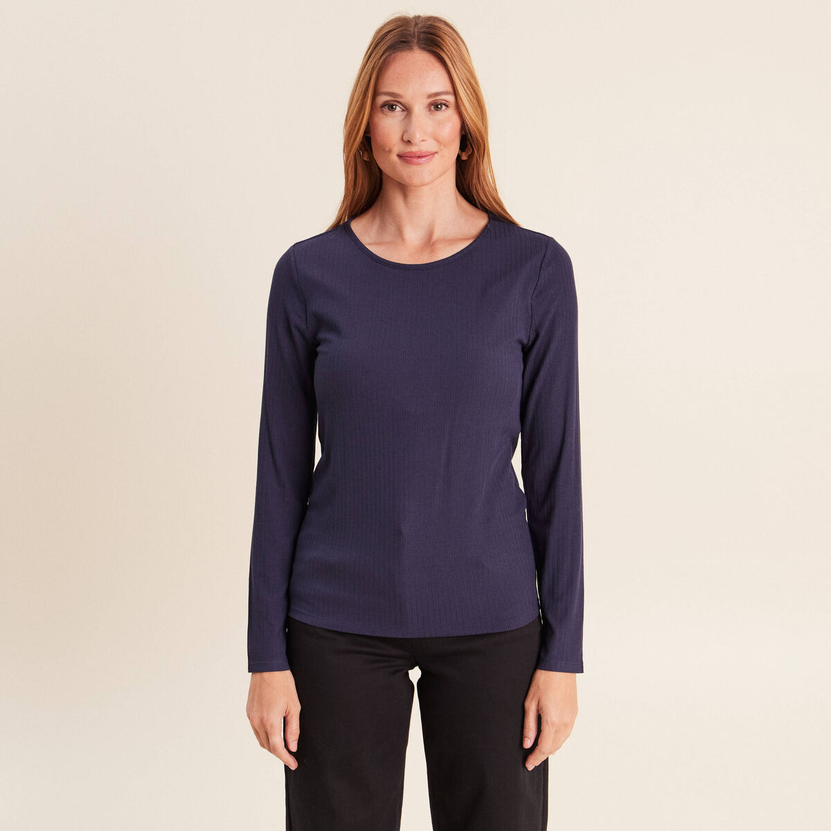 T-shirt ajust&eacute; col rond manches longues bleu marine femme