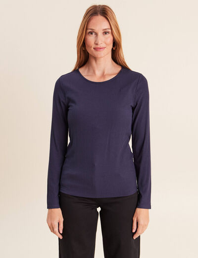 T-shirt ajust&eacute; col rond manches longues bleu marine femme