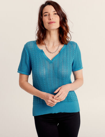 Pull manches courtes ajouré bleu femme