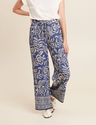 Pantalon large taille haute bleu femme