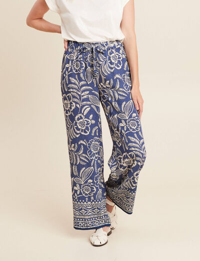 Pantalon large taille haute bleu femme