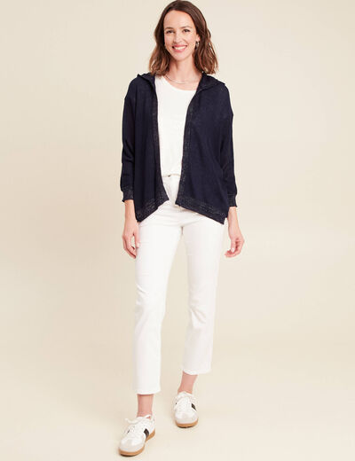 gilet droit mi-long à capuche bleu marine femme