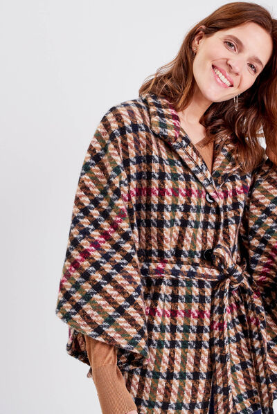 Poncho boutonné ceinturé ecru femme
