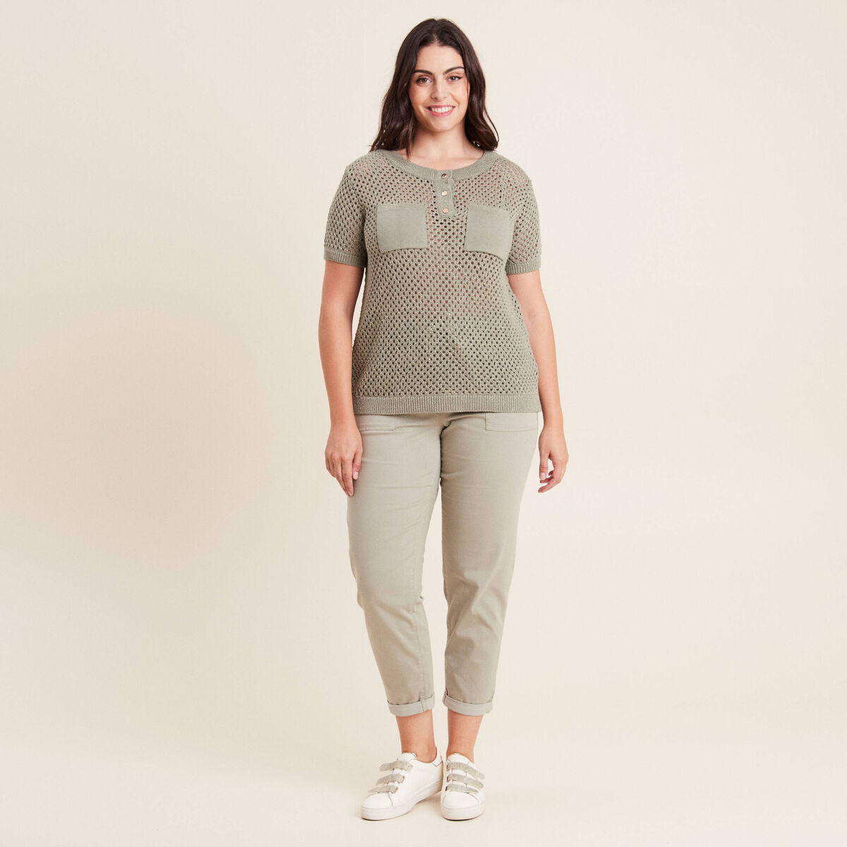 Pull manches courtes ajouré vert clair femme