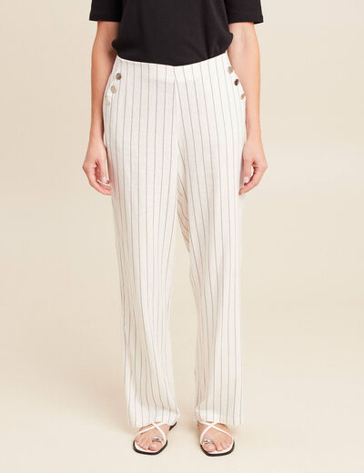 Pantalon taille haute aspect lin blanc femme